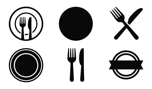 Restaurant dining solid circle plate fork knife cutlery minimal black icon collection flat vector