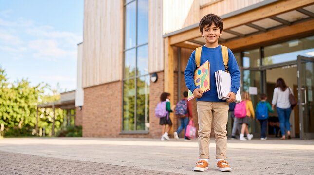 boy art supplies backpack student campus creativity back to school stands outside with a paint palette and books for arts education self expression new term readiness and creative learning campaigns
