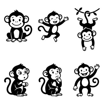 Set of cute cartoon monkey characters in various poses and expressions isolated on white background.