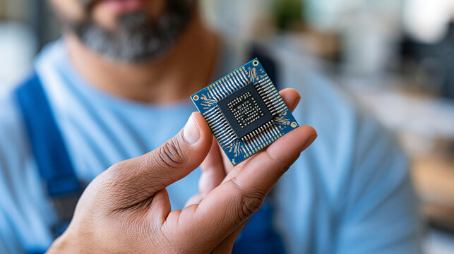 Blurred cropped faceless male computer technician holding a chip, computer technician, microchip, IT repair, electronics technology, defocused background, with copy space