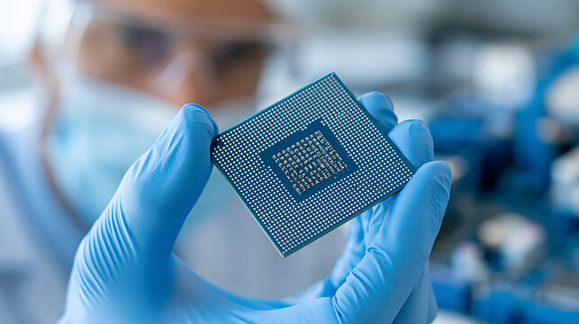 Blurred cropped faceless male computer technician holding a chip, computer technician, microchip, IT repair, electronics technology, defocused background, with copy space
