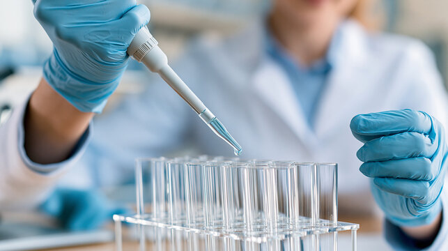 Faceless lab technician pipetting a sample into a test tube rack, laboratory technology, sample pipetting, scientific research, medical diagnostics, technical precision, with copy