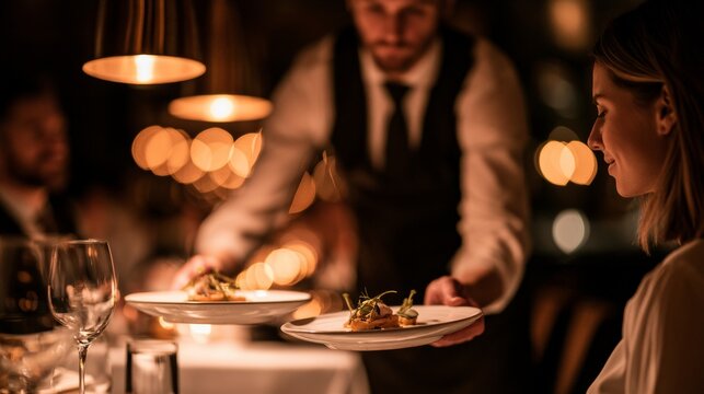 Male waiter in formal attire serves gourmet dishes to a female diner at an elegant restaurant with warm lighting and blurred background of patrons enjoying their meals