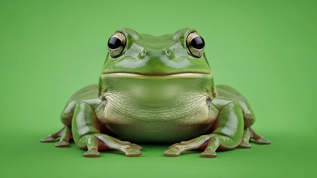 A vibrant green tree frog posing against a clean solid emerald background
