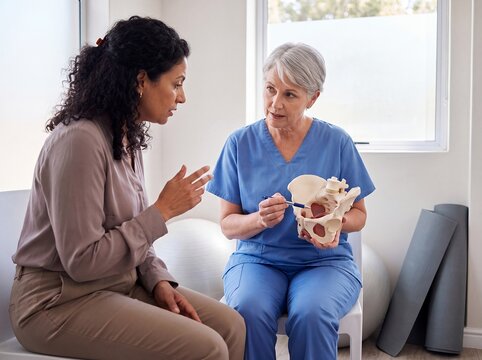 woman pelvic floor therapist pelvis model menopause consultation health patient learns about feminine anatomy from a specialist for midlife rehabilitation medical education and informed personal care
