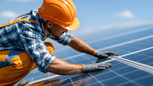 Faceless worker checking evenness of a solar panel during installation, solar panel installation, renewable energy, engineer workwear, green technology, environmental safety, with