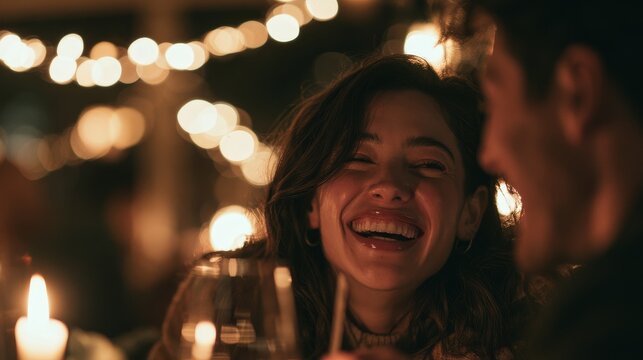Woman with long dark hair laughing joyfully at a candlelit dinner table with blurred fairy lights in the background, enjoying a moment with a male companion