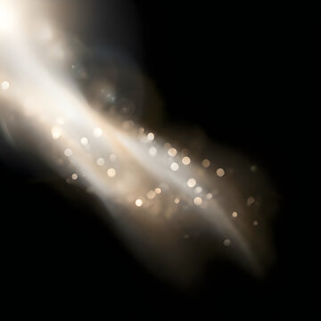 Abstract glowing light effect overlay with soft bokeh particles on a dark black background for creative design