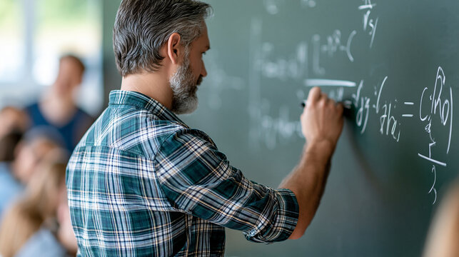 Faceless man writing a math formula on a blackboard in an audience, math education, classroom teaching, blackboard formula, academic instruction, educational concept, with copy