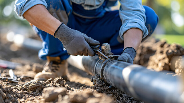 Cropped faceless European worker in gloves repairing a sewage pipe joint inside a service tunnel, pipe repair, sewage maintenance, service tunnel, infrastructure technology,