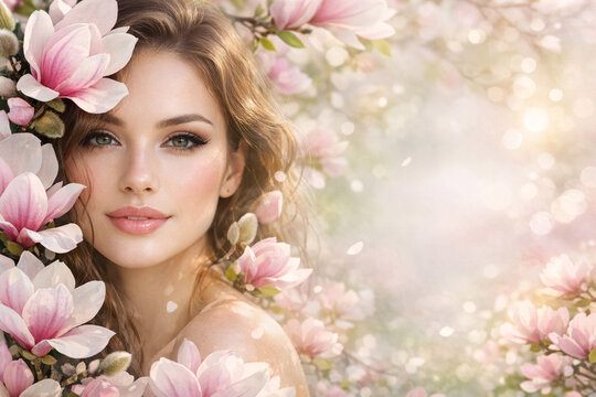 A young woman posing with pink blossom flowers. A vivid spring scene that conveys freshness and beauty.