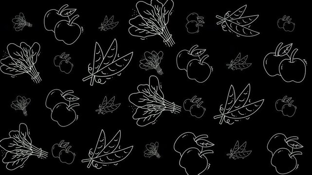 Doodle vegetable pattern with apples  spinach leaves in white line drawings. Ideal for kitchen decor or nutritionthemed designs.