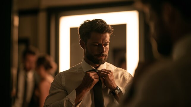 Male model adjusting his tie while dressed in a white shirt, illuminated by soft lighting in a stylish dressing room with mirrors and blurred figures in the background