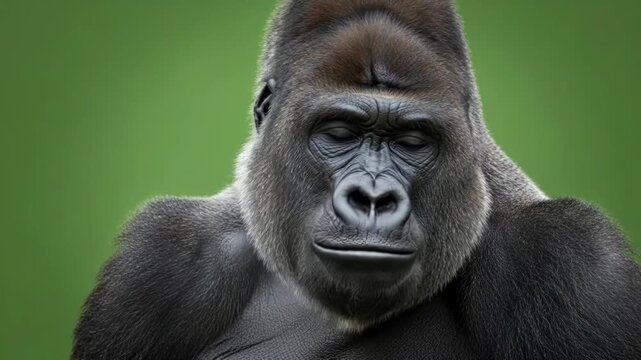 A close portrait of a silverback gorilla looking ahead with calm focus