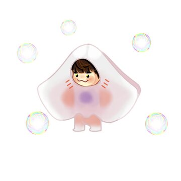 An animation of cute little chibi man wearing sting ray costume surrounded with bubbles 