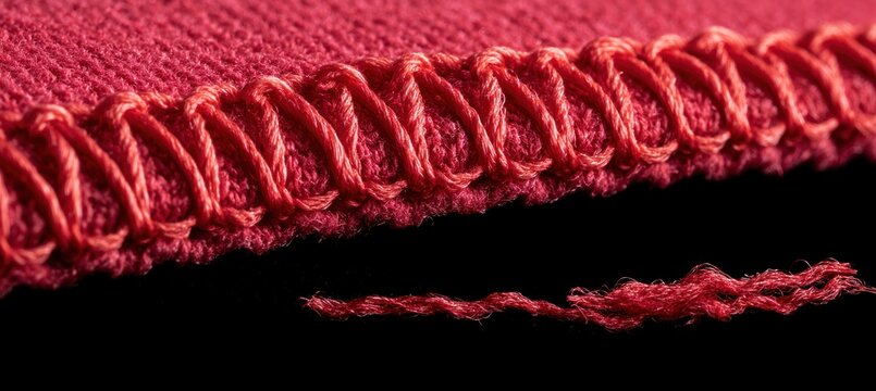 Close-up detail of overlock seam on red jersey fabric with loop threads and crisp edges
