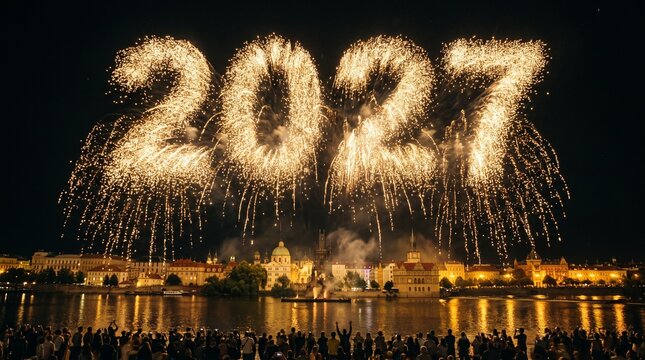 Celebration fireworks displaying year number over illuminated cityscape by water