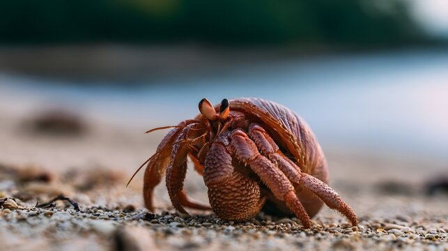 A hermit crab on sandy beach near water with detailed shell and claws visible under natural light