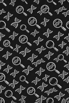 Repeated DNA double helix and magnifying glass pattern in black on white background for science, biotechnology, genetics, research, analysis, discovery concept.