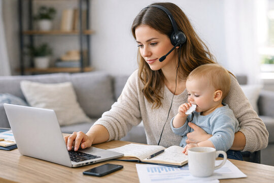 A woman wearing headphones multitasks by working on her laptop computer and caring for her baby. Home office setup with remote work capabilities.
