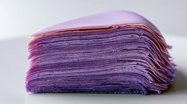 Ube crepe cake slice with ultra-thin layers displayed on a white plate, showcasing vibrant purple color