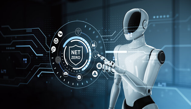Humanoid robot advancing net zero sustainability with renewable energy technology and futuristic digital interface for industry concept. 3D Rendering