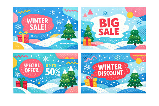 Set of four festive ads promoting winter sale offers.