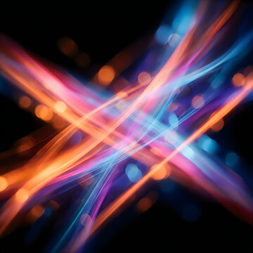 Abstract background with glowing neon light streaks and bokeh particles for a creative digital design overlay effect