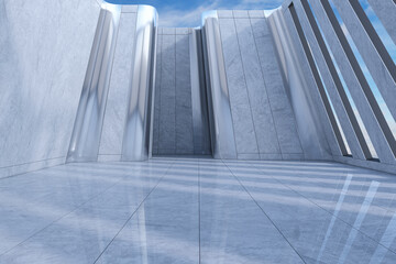 Fototapeta premium Futuristic white architectural interior with polished reflective floor, monumental columns, geometric walls, and blue sky light. 3D Rendering