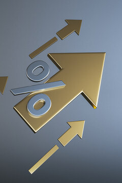 Golden upward arrows and percent symbols expressing business growth, investment success, financial progress, and strategic market expansion concept. 3D Rendering