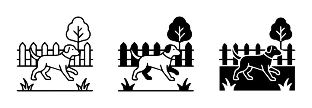 Dog running in fenced yard, playful pet icon set, simple line art and silhouette illustrations for animal care and pet ownership themes