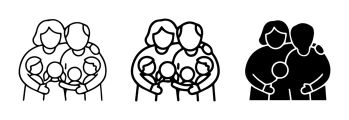 Obraz premium Family Icons Set, Loving Parents Hugging Children, Diverse Generations, Simple Line Art and Silhouette Graphics