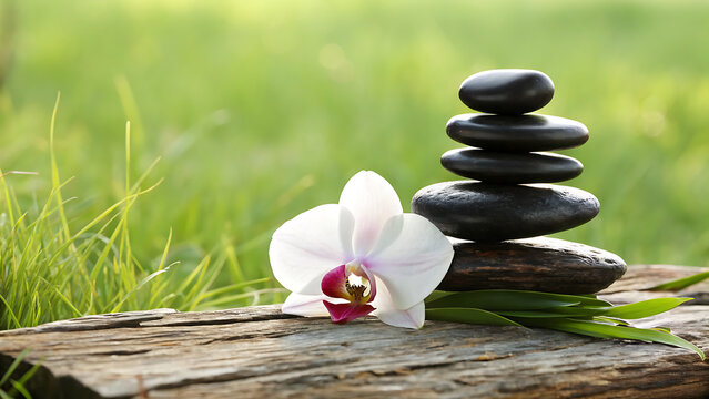 Zen stone stack with white orchid flower on wooden surface for spa and wellness background.