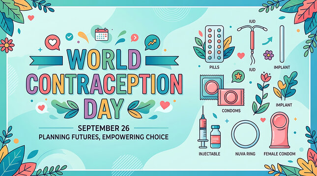 World Contraception Day Banner with Birth Control Methods and Reproductive Health Icons