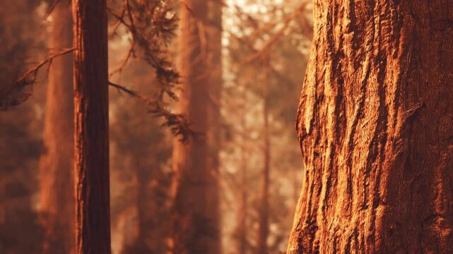 The sun sets behind tall trees in a forest. The light creates a warm glow on the tree bark. Shadows stretch across the ground as the day ends.