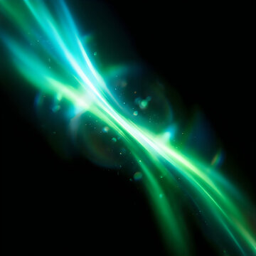 Abstract green light streak overlay featuring glowing particles and lens flare effects on a dark background