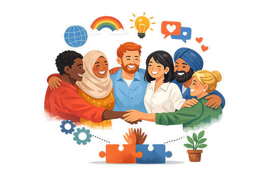 Inclusive, diversity, international friends sharing happiness, unity. Happy smiles on diverse faces, diverse hairstyles, ethnicities, wearing casual clothes. Group hug illustration.