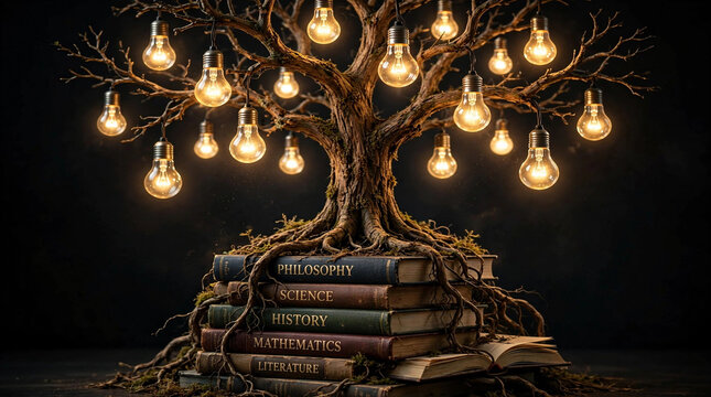 Knowledge tree lightbulb books education growth