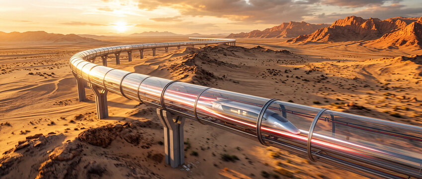 Futuristic high-speed train travels through a transparent glass tube elevated across a vast arid desert landscape during a golden hour sunset, suitable for technology and infrastructure projects.