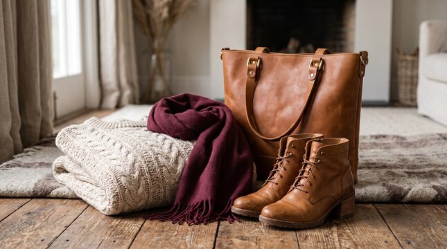 Brown leather handbag and boots on wooden floor.