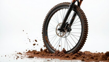 Naklejka premium mountain bike wheel kicking up red dirt and mud, closeup of front suspension fork, disc brake and knobby tire spraying soil and small rocks, motion blur captures speed,