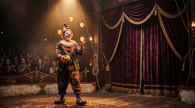 vintage circus clown juggling glowing objects on stage in front of audience
