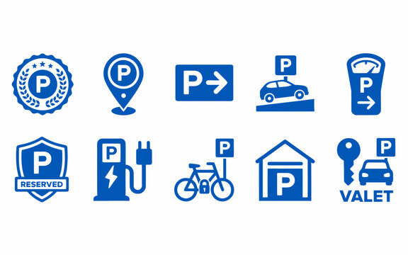 Collection of various parking and transportation related icons with blue design