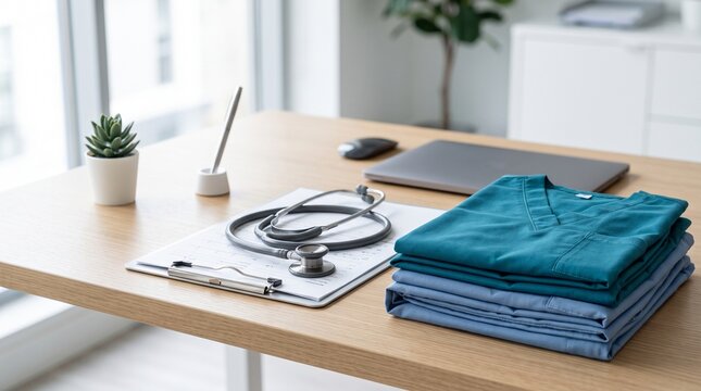 Medical scrubs and stethoscope on wooden desk in clinic.
