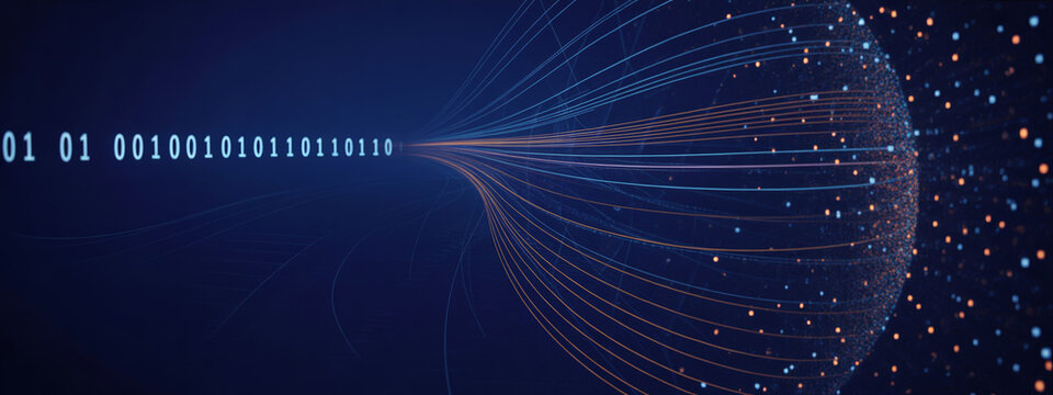 Binary code stream converting into digital data sphere abstract background.