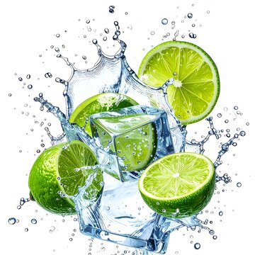 Refreshing water splash with lime slices and ice cubes.
