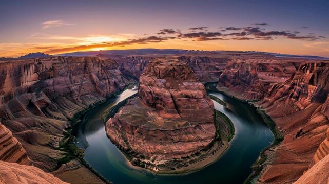 Panoramic view of horseshoe bend at sunrise in a desert mountain landscape