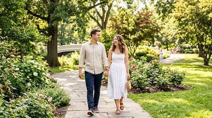 Fototapeta premium Happy couple holding hands while walking on a park path in summer
