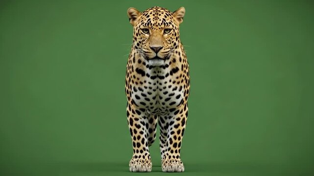 A majestic leopard standing forward against a solid dark green background
