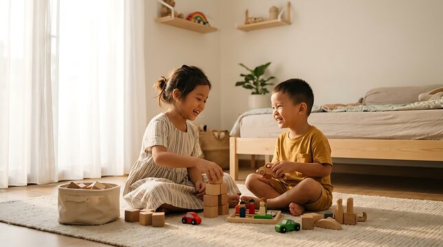 Happy young siblings playing with wooden building blocks on a rug